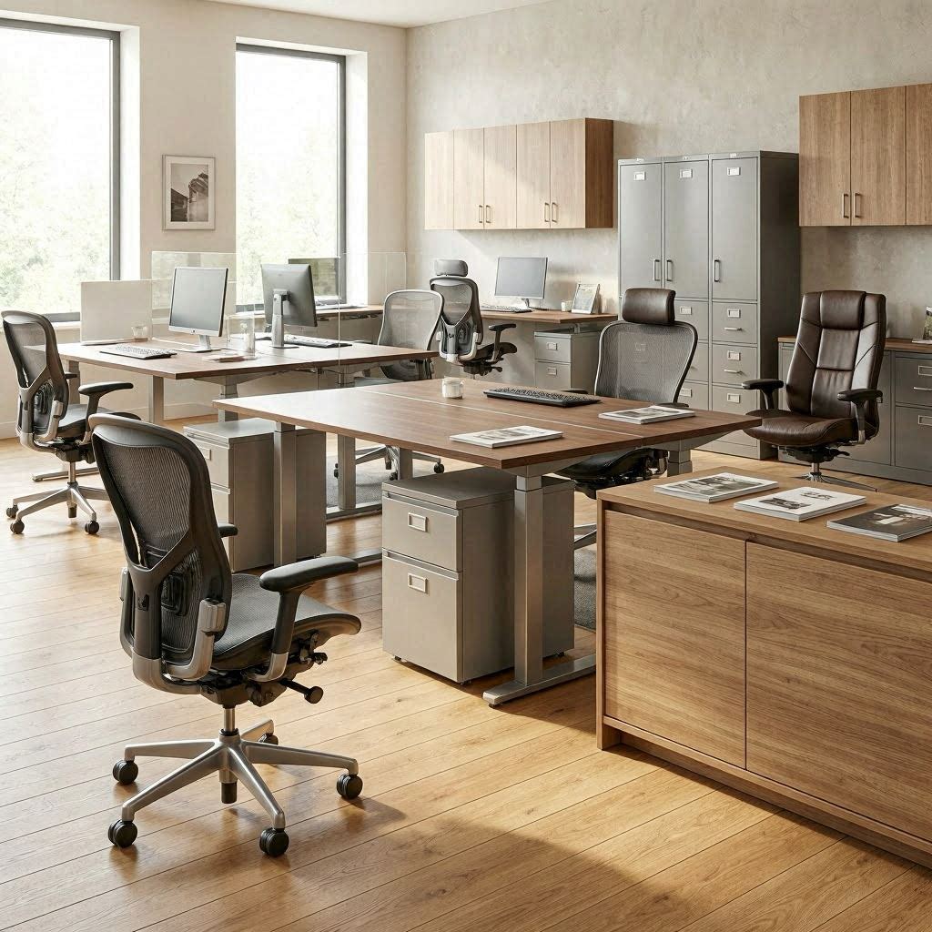 Office furniture including chairs, desks, and cupboards