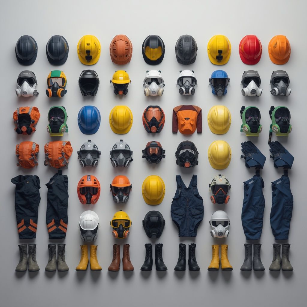 Personal protective equipment including helmets, gloves, and safety gear